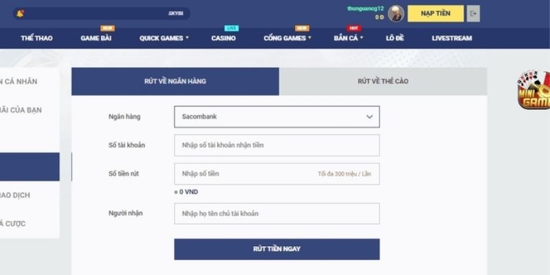 Rút tiền SKY88 nhanh chóng theo ngân hàng